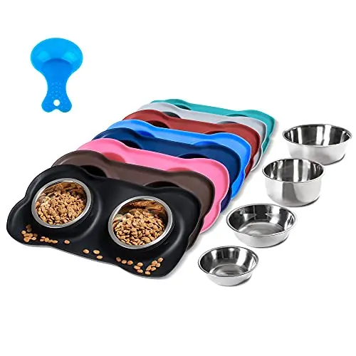 Hubulk black silicone mat with two stainless steel dog bowls and a food scoop