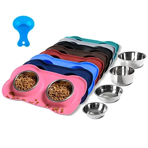Hubulk Pet Dog Bowls S Pink - 2 stainless steel bowls with no-spill silicone mat and food scoop