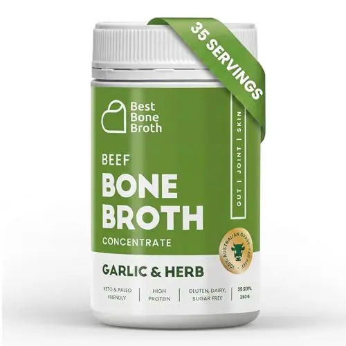 Best Bone Broth Garlic Herb Grass-Fed Beef Bone Broth Concentrate, one jar makes 35 servings with a savoury twist for dogs.