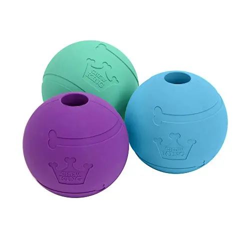 Three colourful Chew King rubber fetch balls with treat opening