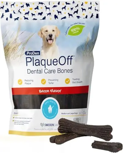 ProDen PlaqueOff Dental Care Bones bacon-flavoured dog treats in a bag