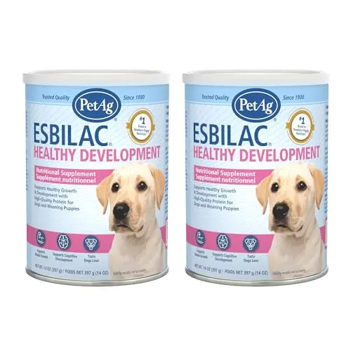 Two cans of PetAg Esbilac 2nd Step puppy weaning food powder