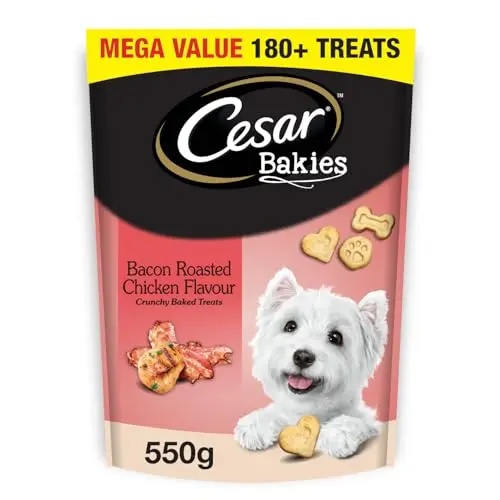 CESAR BAKIES dog treats in a resealable pouch with heart, bone, and paw shapes