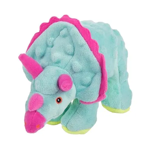 goDog Dinos Frills Squeaky Plush Dog Toy with Chew Guard Technology in teal, small size