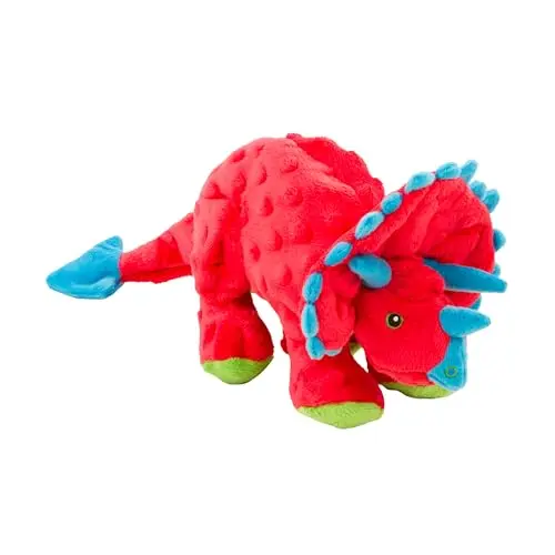 goDog Dinos Frills Triceratops plush dog toy in red with Chew Guard lining