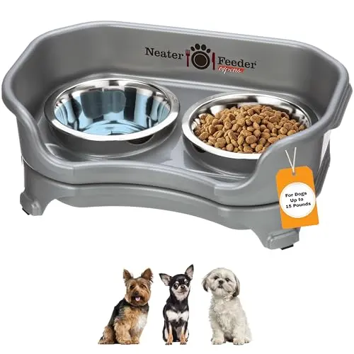 Neater Feeder Express in gunmetal grey, elevated dog bowl stand with two stainless bowls and water catchment