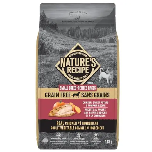 Nature's Recipe Small Breed Grain Free dry dog food bag with chicken, sweet potato, and pumpkin