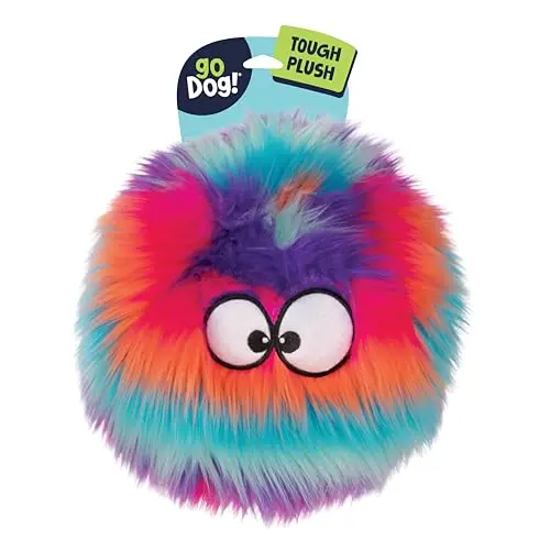 goDog Furballz Squeaky Plush Ball Dog Toy in Cool Rainbow colour with long faux fur texture