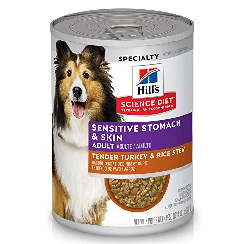 Hill's Science Diet Sensitive Stomach Turkey & Rice Stew canned dog food can and served bowl