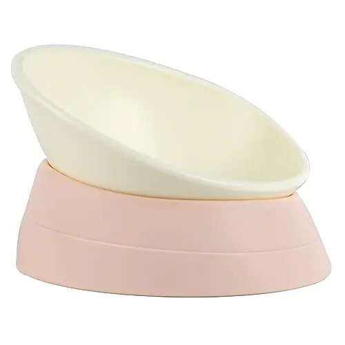 White resin tilted dog bowl with detachable rubber base for English bulldogs