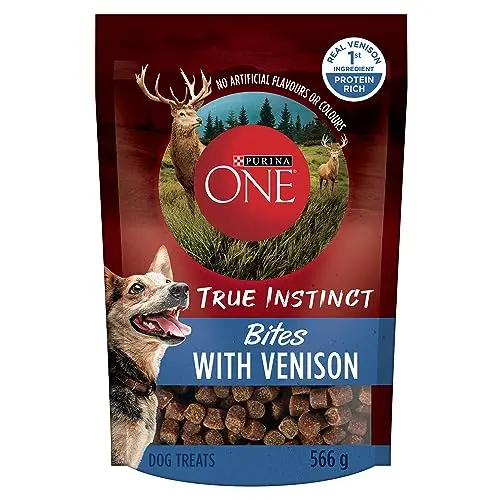 Purina ONE True Instinct Bites Venison bag with small dark pellet treats