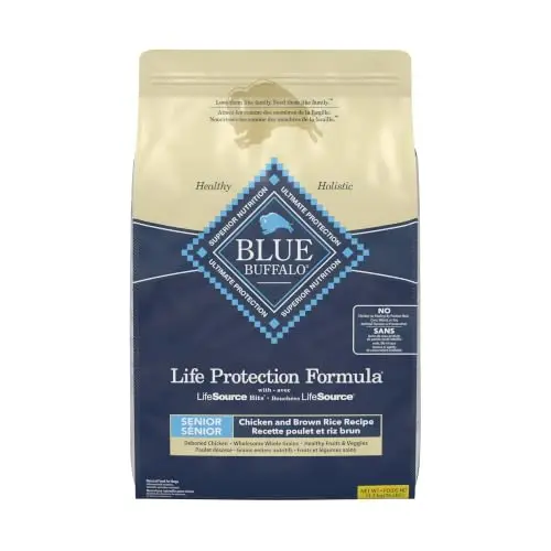 Bag of Blue Buffalo life protection senior chicken and brown rice dry dog food