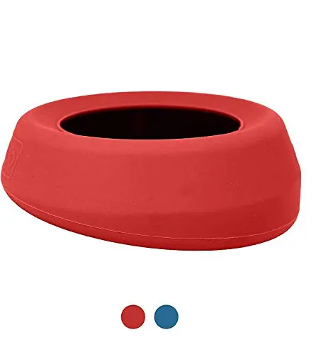 Red no-spill dog travel bowl with wedge shape for car seats