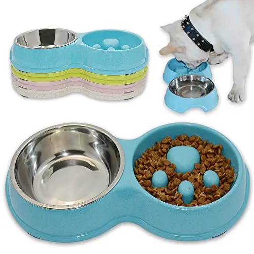 Hifrenchies stainless steel double bowl set with slow feeder and water bowl