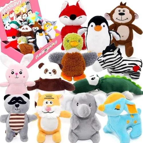 SHARLOVY 12-pack small plush squeaky dog toys including fox, tiger and deer