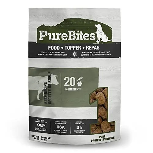 PureBites Freeze-Dried Beef Recipe nuggets in a bag, used as mixer or topper