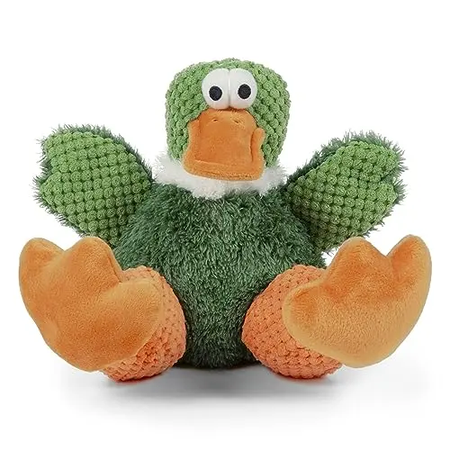 goDog Checkers Sitting Duck Squeaky Plush Dog Toy with Chew Guard Technology in green, large size