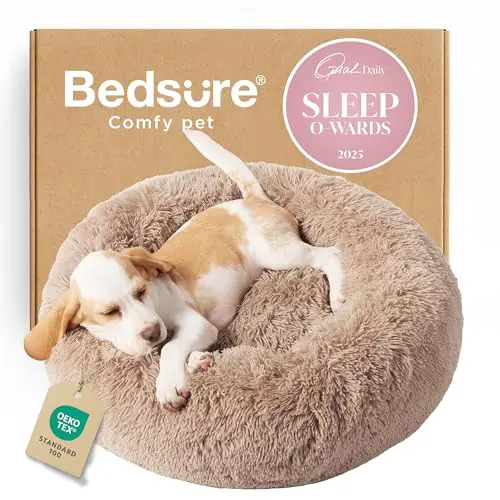 Bedsure donut cuddler dog bed in camel, round fluffy bed with raised rim