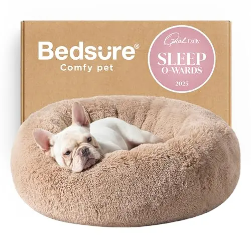 Bedsure Calming Donut Dog Bed in camel, round plush design