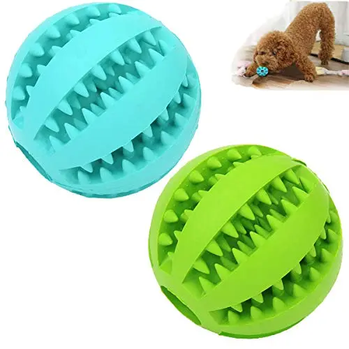 Two small blue and green Sunglow dog balls with tooth-shaped design