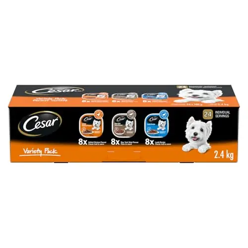 Cesar Classic Loaf in Sauce Adult Wet Dog Food Variety Pack with Grilled Chicken Flavour, NY Strip Flavour, and Lamb Recipe