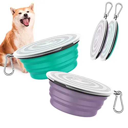 Pawaboo collapsible dog bowl set in violet and turquoise with lids