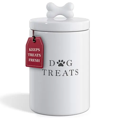 White Barnyard Designs large ceramic cylindrical dog treat jar with plastic lid and silicone seal