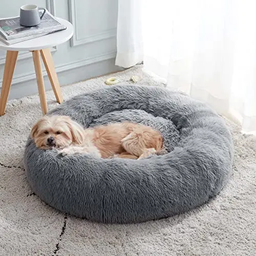 WESTERN HOME WH Calming Donut Dog Bed in navy grey with fluffy faux fur