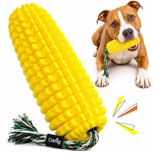 Carllg yellow corn-shaped dog chew toy with zigzag texture