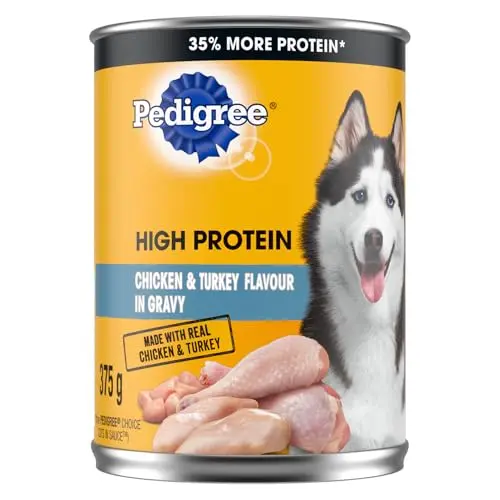 PEDIGREE HIGH PROTEIN Chicken & Turkey in Gravy wet dog food cans, with a bowl of chunks and gravy
