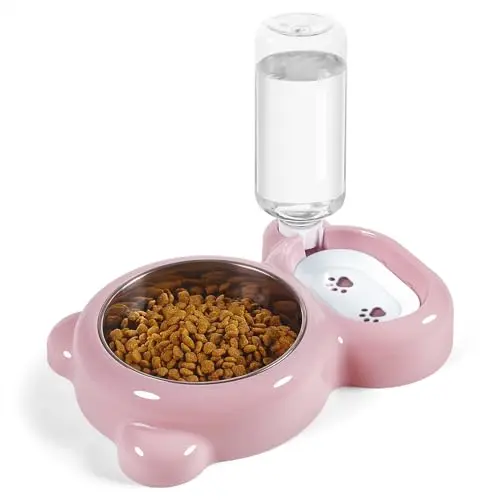 Azwraith pink water dispenser and stainless steel bowl set for cats and small dogs