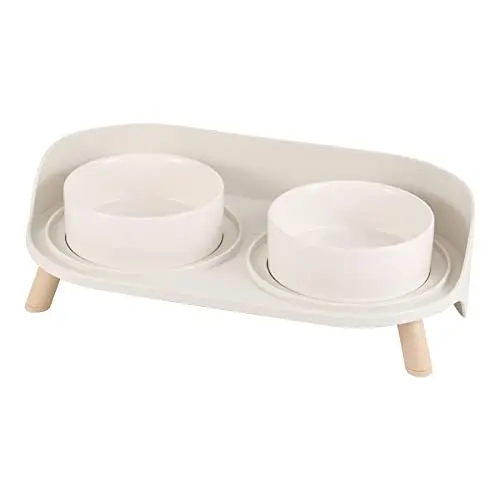 White AHX raised ceramic dog bowls with splash guard on a white stand