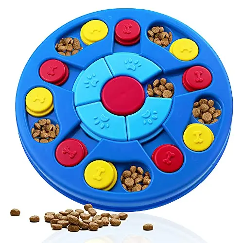 Yoboeew blue round dog treat puzzle with sliding and rotating compartments
