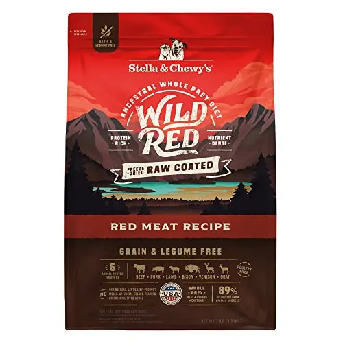 Stella & Chewy's Wild Red Raw Coated Red Meat Recipe dry dog food bag with meat imagery