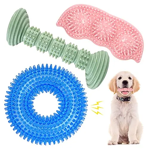 ENZZROA 3 pack puppy chew toys donut, pea, and dumbbell shapes in blue