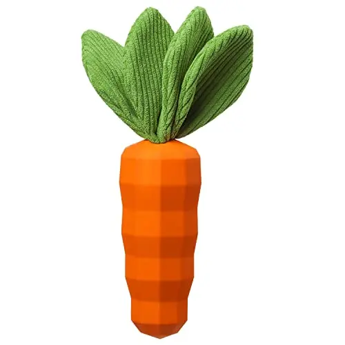 MewaJump orange carrot dog toy with green crinkle leaf and rubber body, squeaker inside
