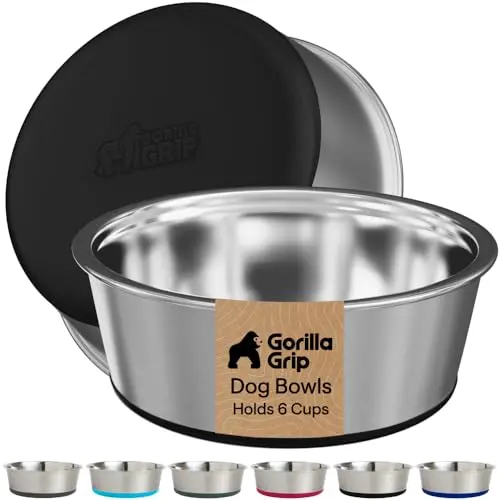 Gorilla Grip oversized stainless steel dog bowls with black silicone base