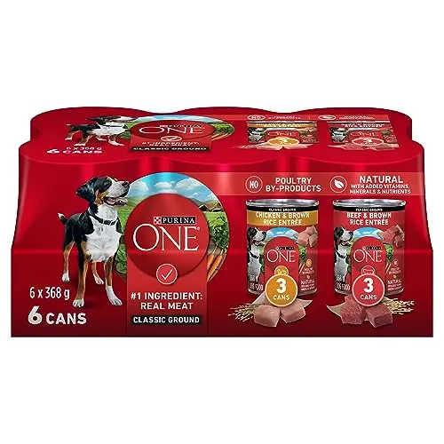 Purina ONE Classic Ground wet dog food variety pack cans with chicken and beef flavours