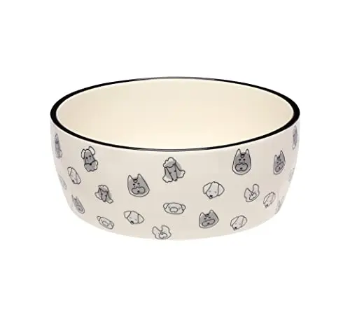 Pearhead ceramic dog bowl with grey and black dog face designs, 8.5-inch diameter