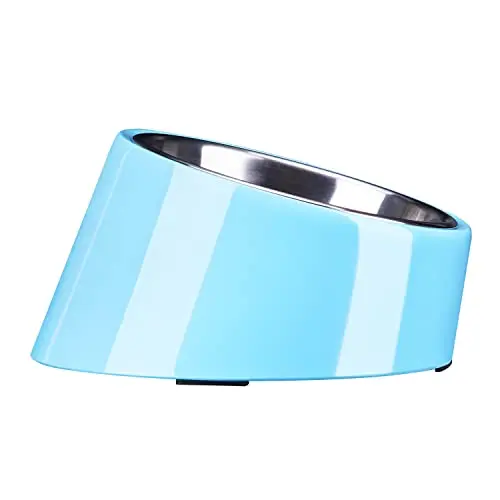 Blue tilted dog bowl by SuperDesign with stainless steel insert