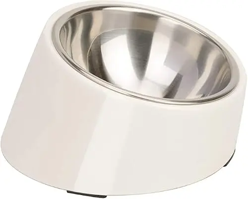 SuperDesign white slanted dog bowl on a melamine stand