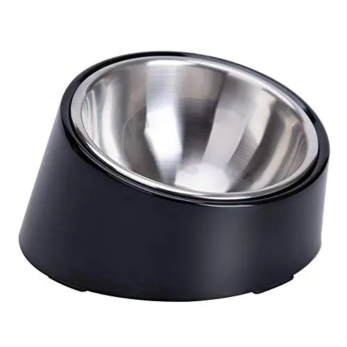 SuperDesign dark black tilted dog bowl with stainless steel insert