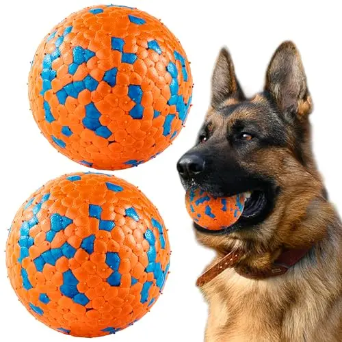 Two orange FUSOTO solid E-TPU dog balls, 2.75 inch
