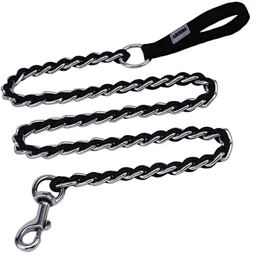Lecreo chew proof dog leash metal chain with padded handle