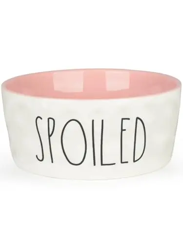 WoofinPets pink ceramic dog bowl with handwritten 'woof' script, 8-inch diameter