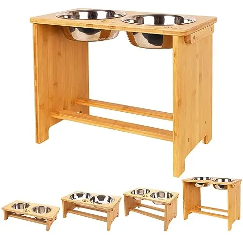 HTB bamboo elevated dog bowl stand with two stainless steel bowls in natural finish