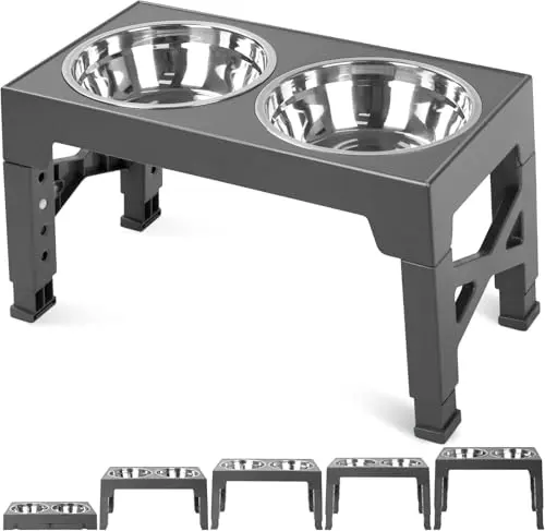 Grey Niubya elevated dog bowl stand with two stainless steel bowls, fully extended on tile floor