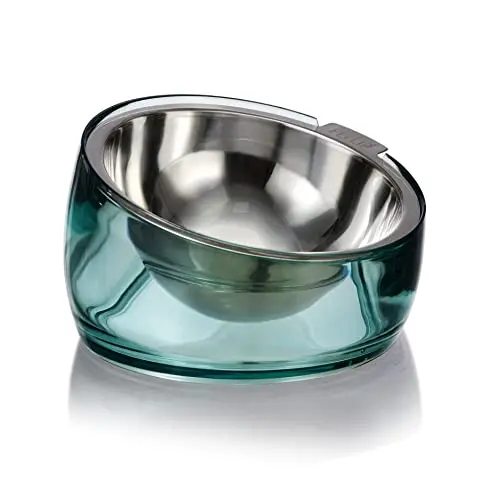 Felli Pet Oblik Acrylic Raised Slanted Oval Dog Bowl with stainless steel shallow dish
