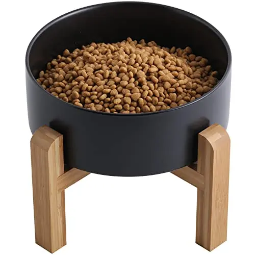 Addogyy Black Elevated Ceramic Dog Bowl with Wood Stand