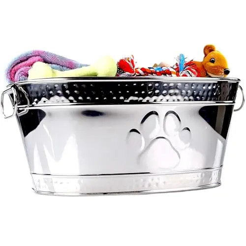 BREKX silver hammered stainless steel dog toy bin with paw print design